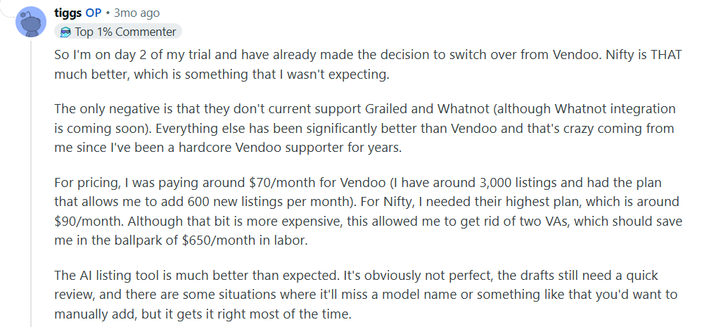 Long Reddit review of Nifty customer praising the tool, only on day 2 and it's already better than Vendoo.