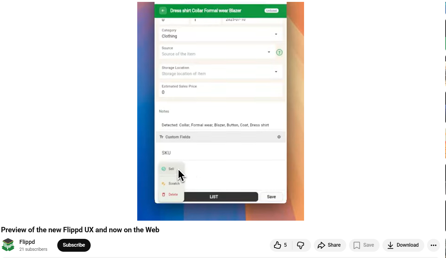Screenshot of Flippd inventory management interface showing clothing item details, custom fields, storage options, and listing workflow controls.