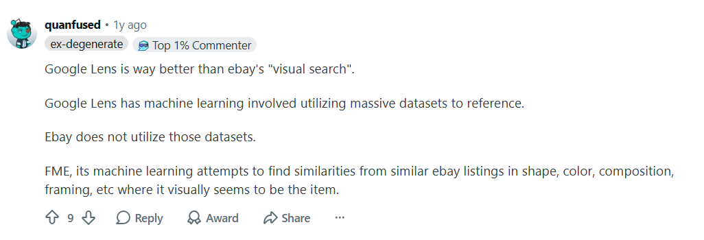 Reddit comment comparing Google Lens and eBay visual search, explaining machine learning datasets and similarity matching for identifying listed items.
