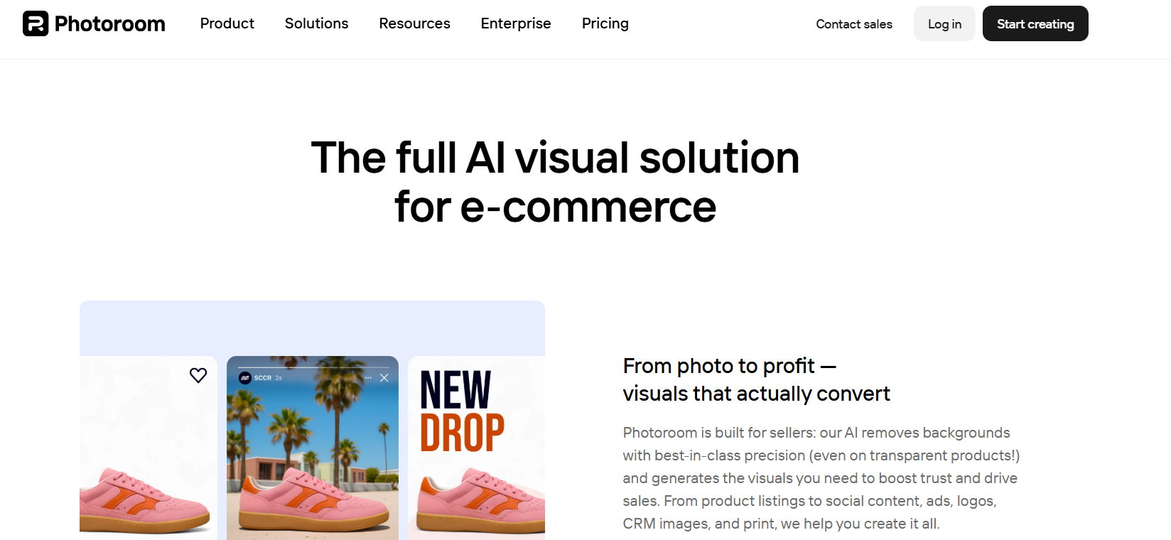 Photoroom homepage promoting AI visual tools for e-commerce sellers, featuring product photo editing, background removal, and conversion-focused marketing visuals.