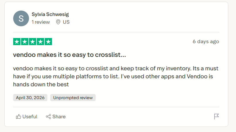 Screenshot of a five-star Vendoo review on Trustpilot from Sylvia Schwesig in the US. The review says Vendoo makes cross-listing and inventory tracking easy and calls it the best app for selling across multiple platforms.