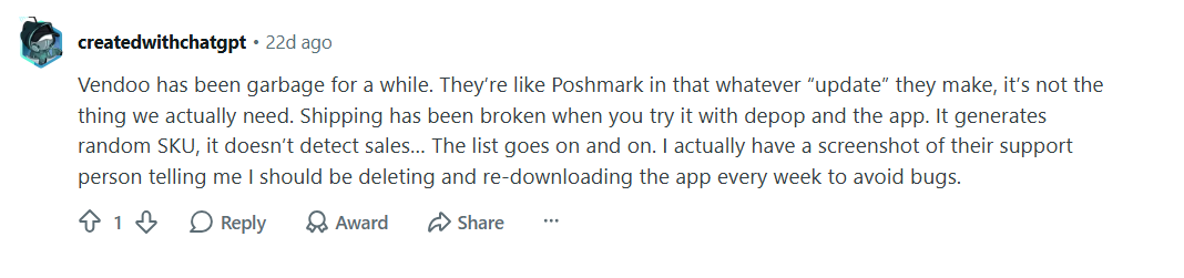 Reddit comment criticizing Vendoo for bugs, broken Depop shipping integration, random SKU generation, missed sales detection, and support recommending weekly app reinstalls to avoid issues.