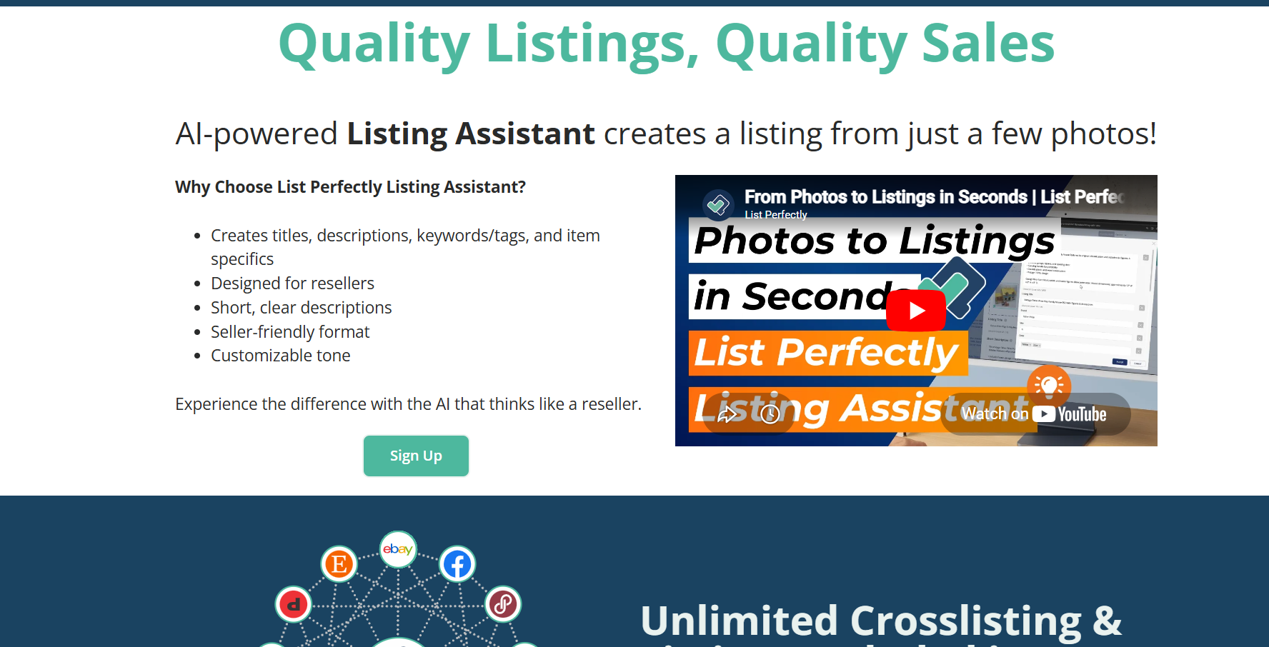 List Perfectly webpage promoting AI-powered Listing Assistant with reseller tools, crosslisting features, marketplace integrations, signup button, and YouTube demo video.