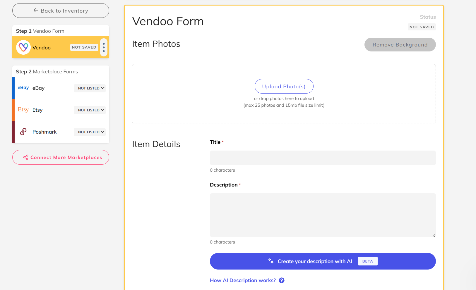 Vendoo listing form showing photo upload, title and description fields, AI description generator, and connected marketplaces including eBay, Etsy, and Poshmark for cross-listing inventory management.