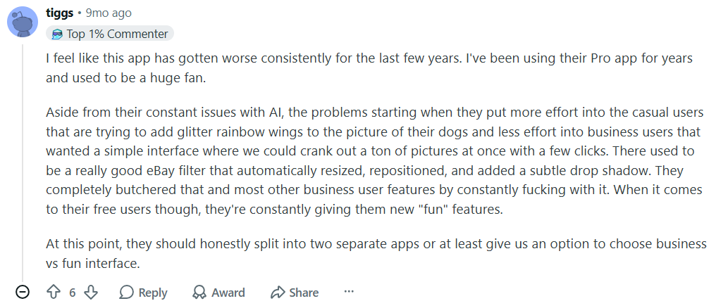 Reddit comment criticizing Photoroom's decline in quality, mentioning AI issues, removed business features, and focus on casual editing tools.