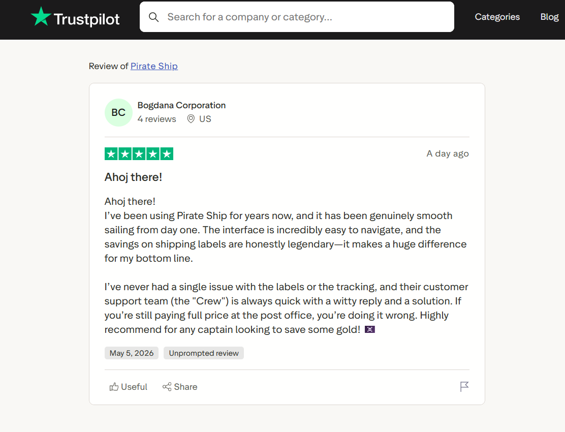 Trustpilot review praising Pirate Ship shipping software, highlighting discounted labels, easy navigation, reliable tracking, and responsive customer support team.
