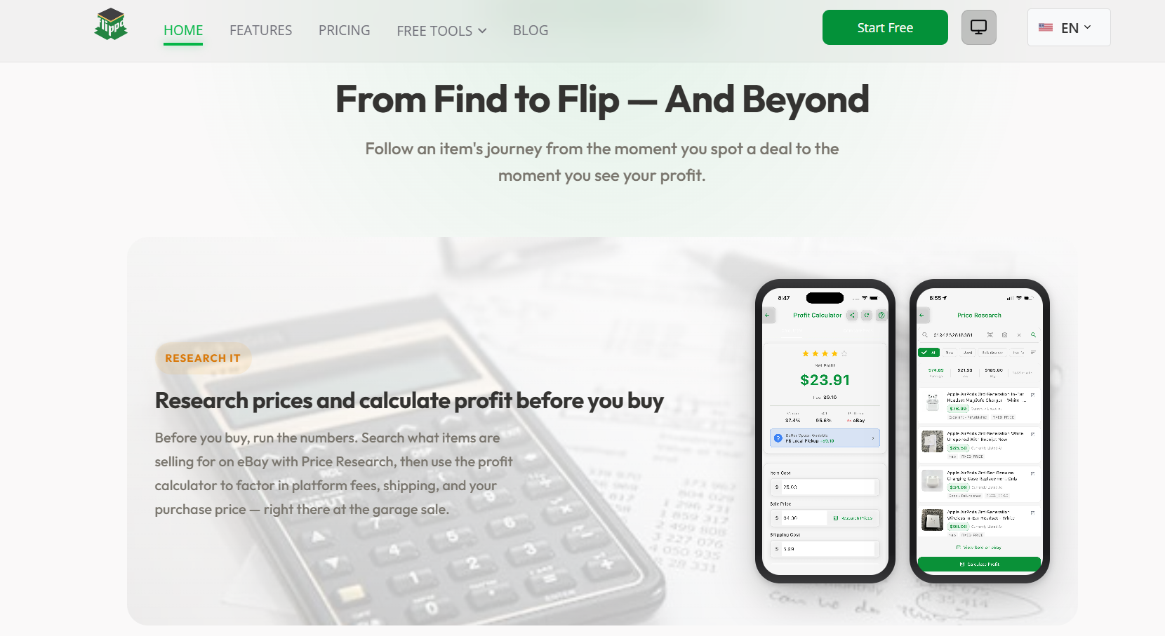 Homepage of Flippd that descibnes how the app lets users find and research prices before they sell.