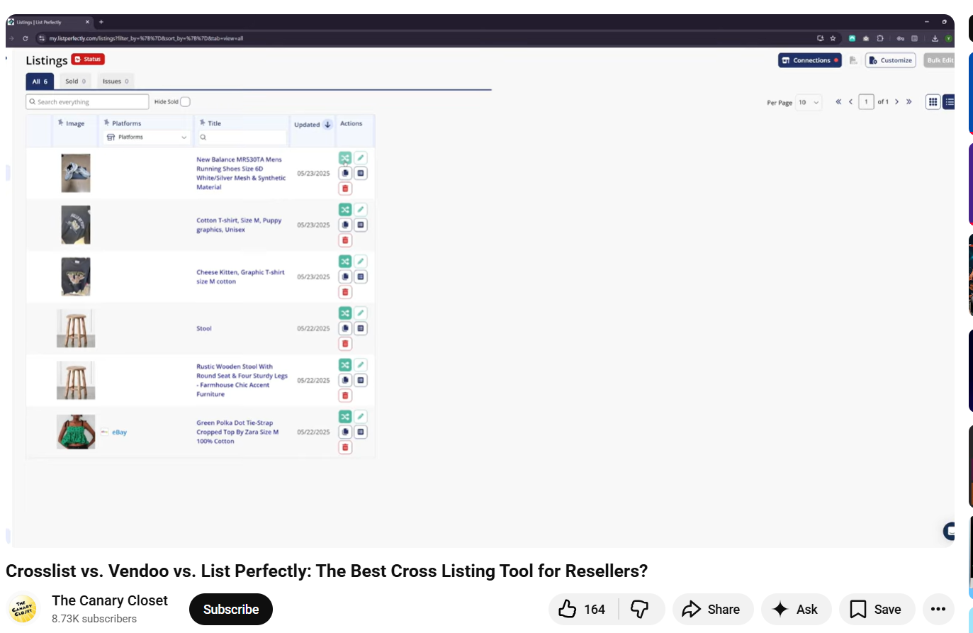 Screenshot of List Perfectly dashboard from YouTube showing reseller inventory listings, item photos, marketplace integrations, editing tools, and product management options in a desktop browser.
