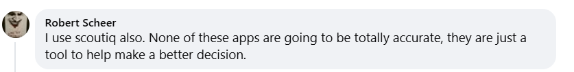 Comment stating ScoutIQ helps with decision-making for reselling, while acknowledging sourcing apps cannot provide completely accurate pricing information.