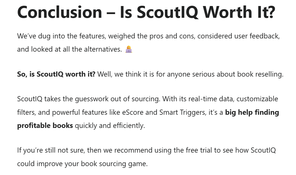 Conclusion section reviewing ScoutIQ for book reselling, highlighting sourcing tools, real-time data, customizable filters, and profitable book-finding features.