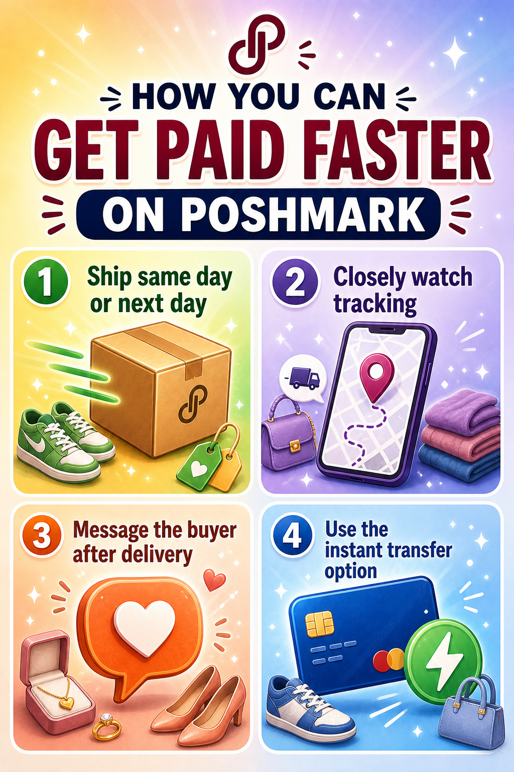 An infographic titled "How you can get paid faster on Poshmark." Four steps shown: (1) Ship same day or next day; shipping box with sneakers and price tags; (2) Closely watch tracking; smartphone with location pin and handbag; (3) Message the buyer after delivery; heart speech bubble with jewellery and shoes; (4) Use the instant transfer option; credit card with lightning bolt and sneakers. Each tile has a colourful gradient background.