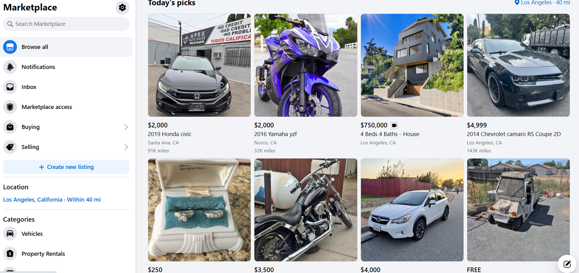 Facebook Marketplace homepage showing local listings in the Los Angeles area, including vehicles, motorcycles, real estate, jewelry, and equipment, with navigation, categories, filters, and pricing details.