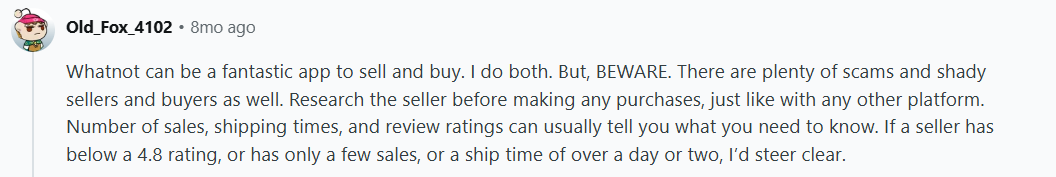 Reddit comment screenshot discussing Whatnot, describing it as useful for buying and selling while warning users about scams, shady sellers, and the importance of checking ratings, sales history, and shipping times.