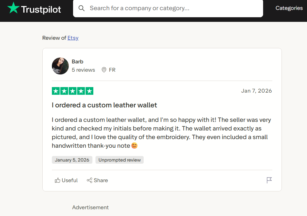 Trustpilot review screenshot for Etsy showing a five-star rating, reviewer Barb from France, praising a custom leather wallet, quality craftsmanship, seller communication, and thoughtful packaging.