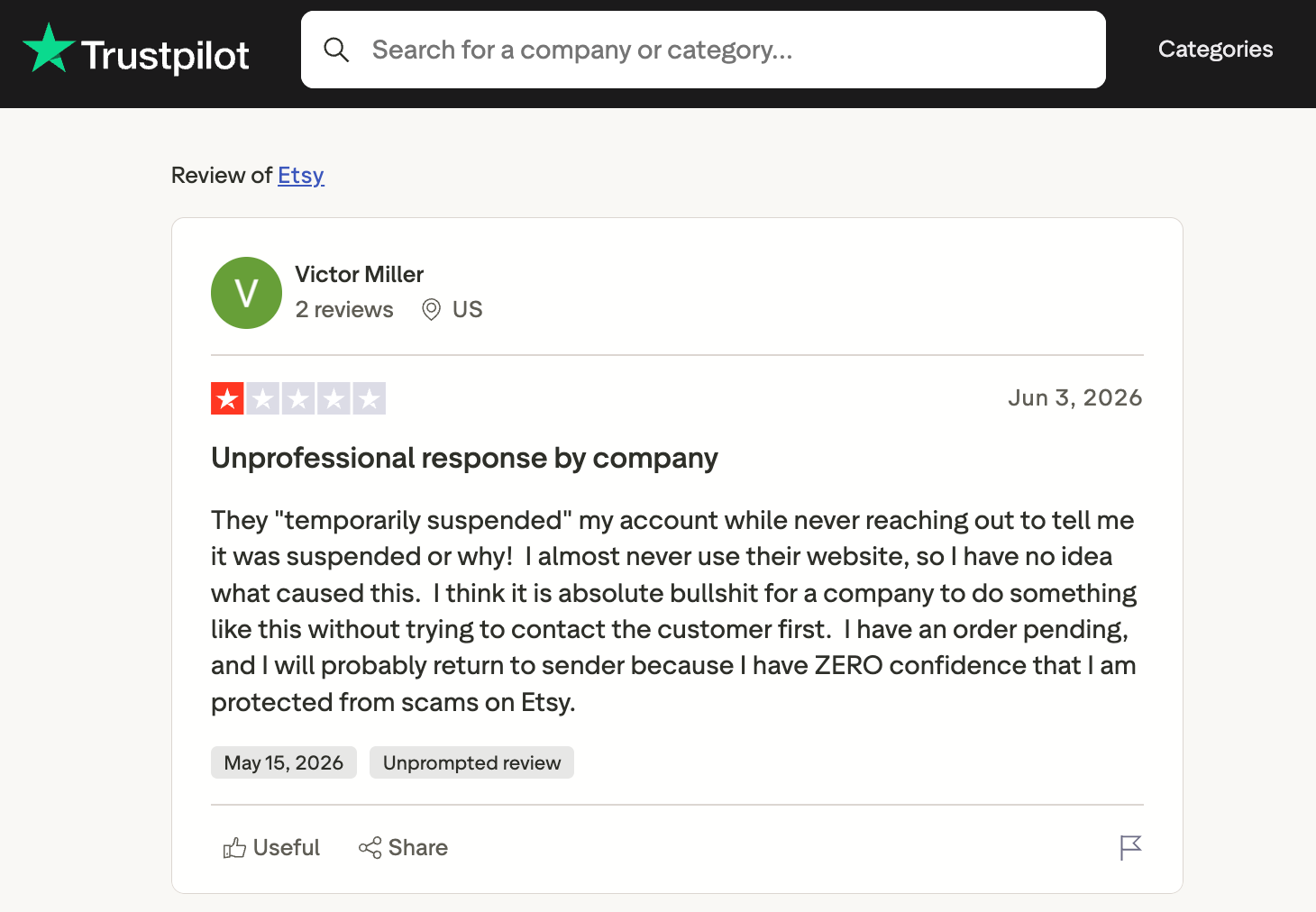 Trustpilot review screenshot for Etsy showing a one-star rating, reviewer Victor Miller, and a complaint about account suspension without notice, expressing distrust and concern about an order.