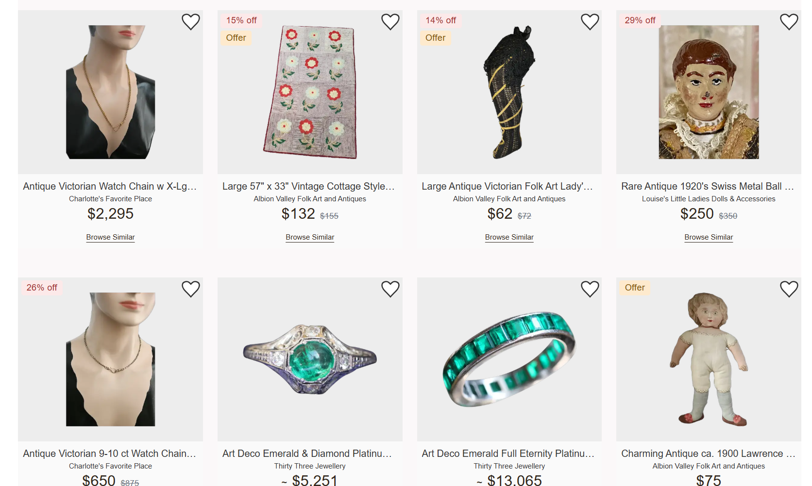 Ruby Lane marketplace page displaying antique jewelry, dolls, folk art, rugs, and collectibles, with item photos, prices, discounts, seller names, and offers.