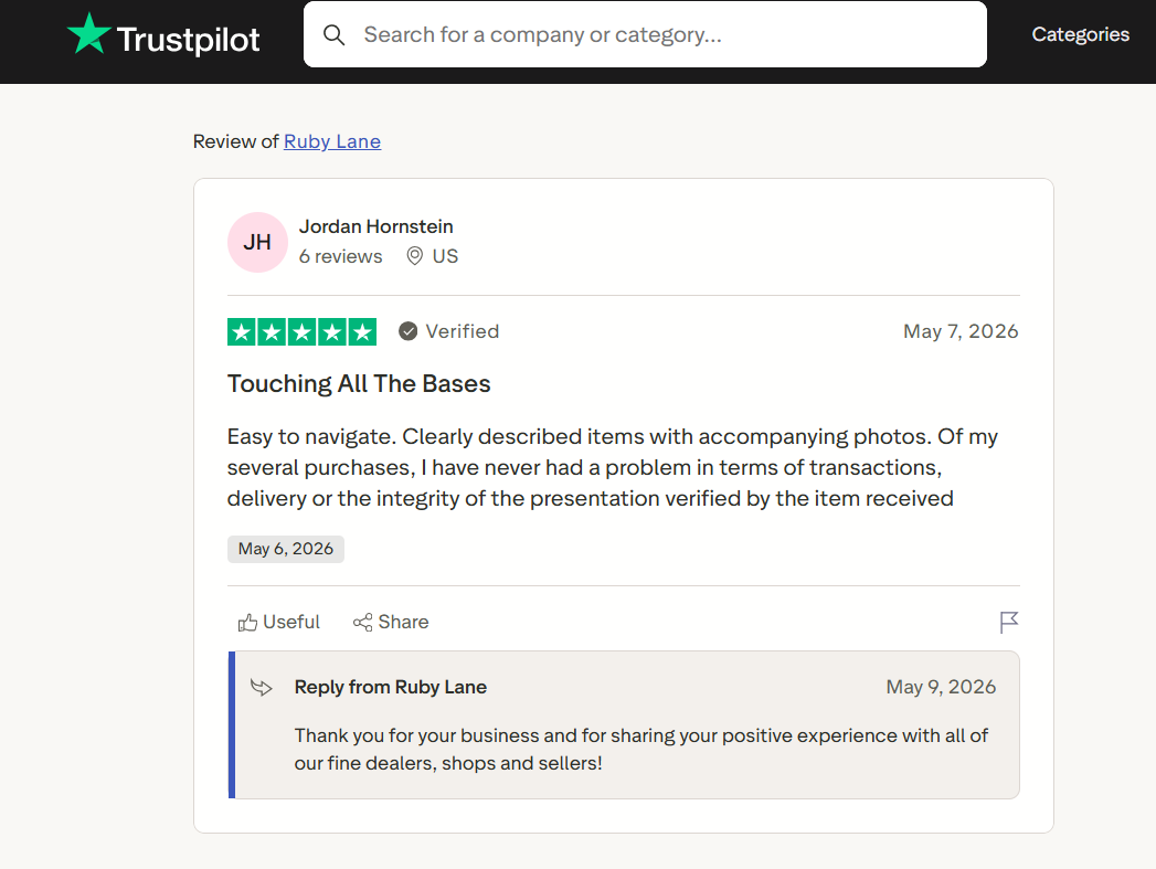 Five-star Trustpilot review praises Ruby Lane’s easy navigation, accurate item descriptions, quality photos, reliable transactions, and consistent delivery experience, with a seller response.