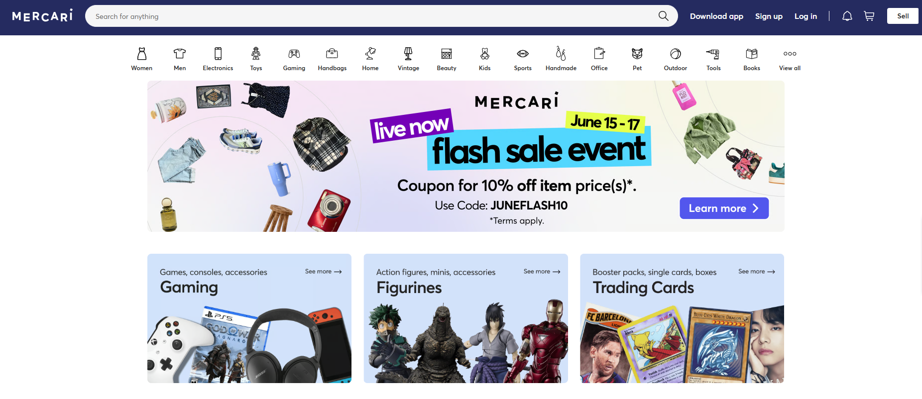 Mercari homepage featuring a flash sale promotion, category navigation, gaming products, collectible figures, trading cards, and a marketplace for secondhand goods.