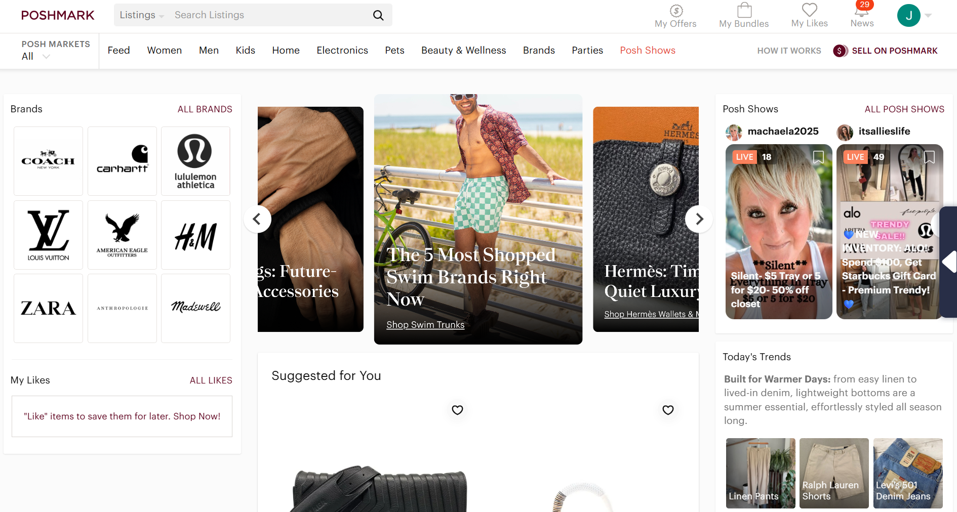 Poshmark homepage featuring fashion brand listings, curated shopping recommendations, live Posh Shows, trending apparel collections, and social commerce marketplace tools