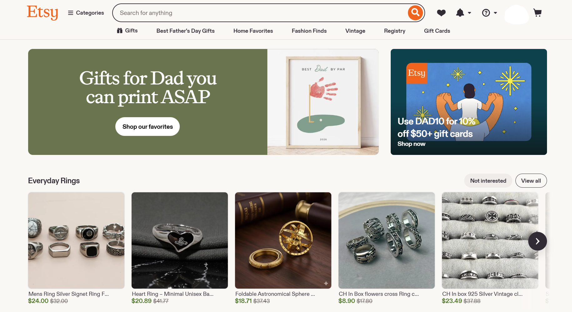 Etsy homepage featuring Father's Day gift promotions, printable keepsakes, gift card discounts, vintage shopping categories, and a curated collection of handmade rings.