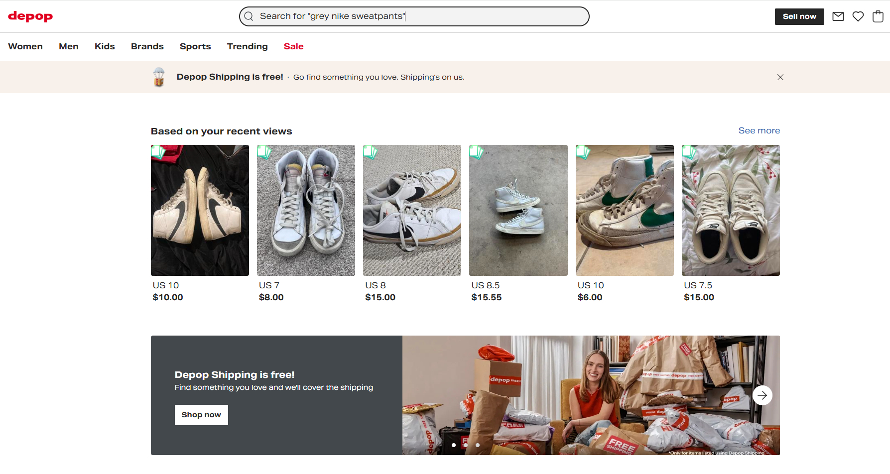 Depop homepage showing recommended Nike sneaker listings, category navigation, free shipping promotions, personalized product suggestions, and secondhand fashion marketplace features.