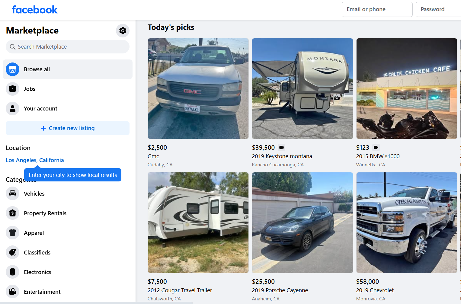 Facebook Marketplace homepage displaying local listings, including vehicles, trailers, motorcycles, and SUVs, alongside category navigation, location filters, and seller tools.