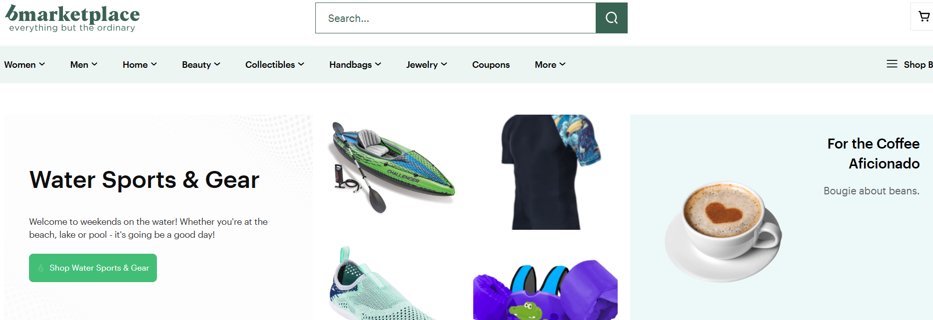 Bonanza Marketplace homepage featuring water sports gear promotions, product category navigation, kayak and apparel listings, plus a featured coffee-themed shopping collection.