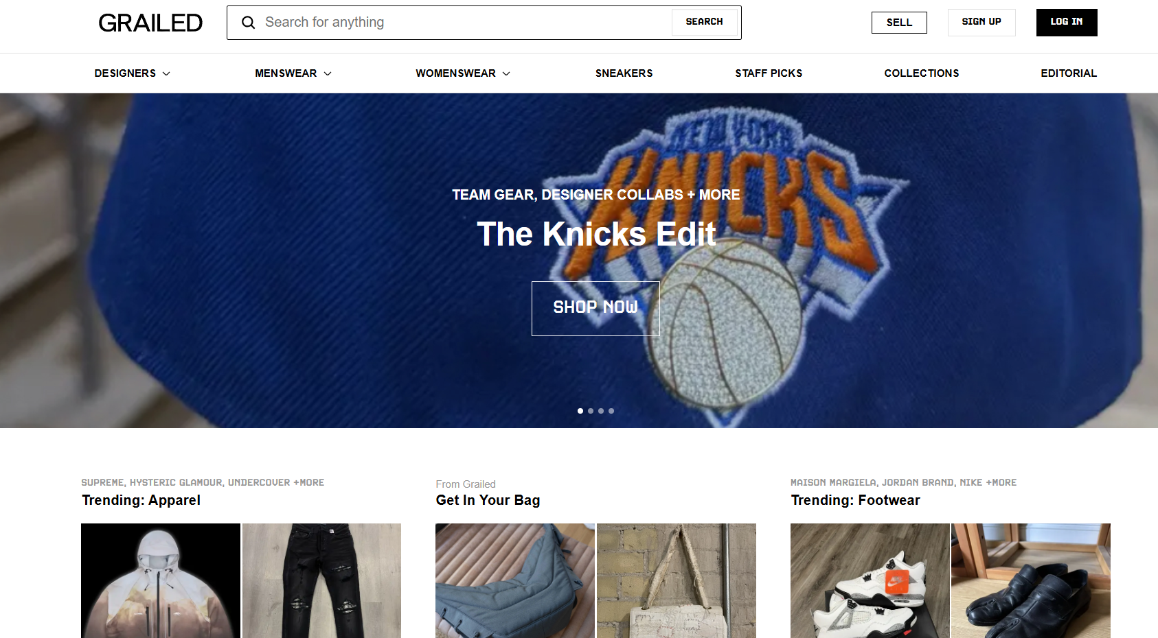 Grailed homepage featuring The Knicks Edit promotion, with New York Knicks branding, streetwear categories, trending apparel, footwear listings, and designer fashion marketplace navigation.