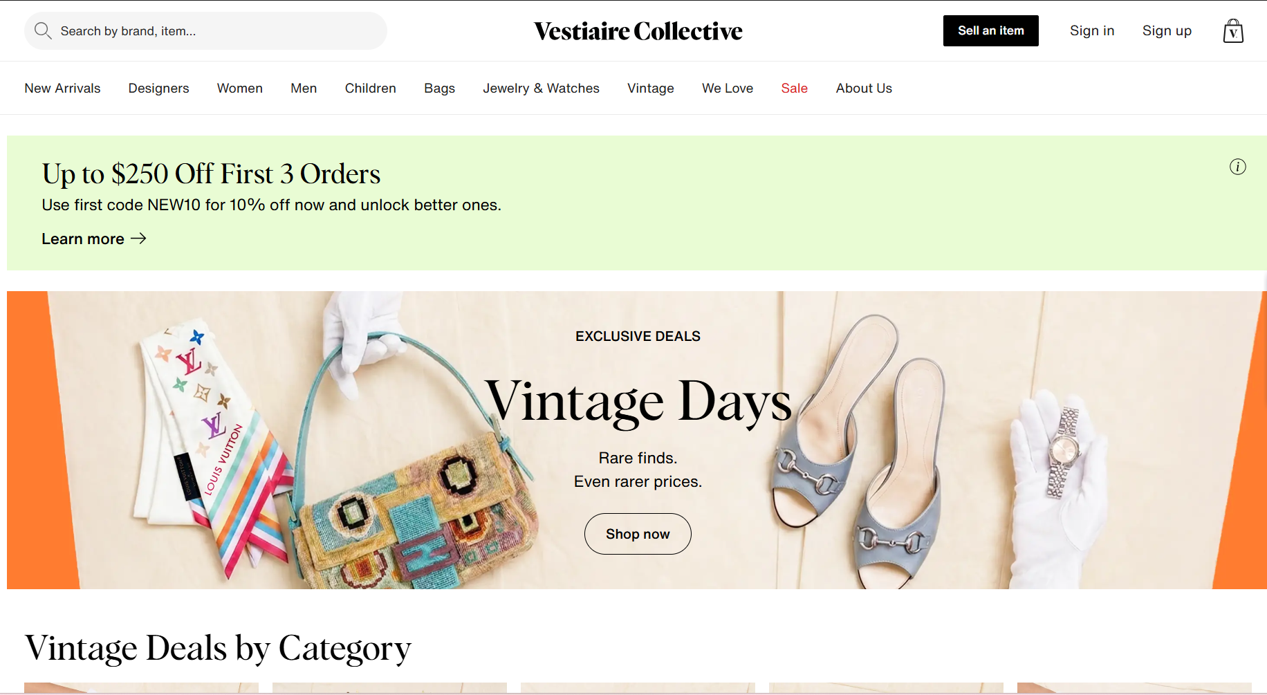 Vestiaire Collective homepage featuring a Vintage Days promotion with luxury accessories, including a handbag, designer scarf, shoes, and watch, alongside discount offers.