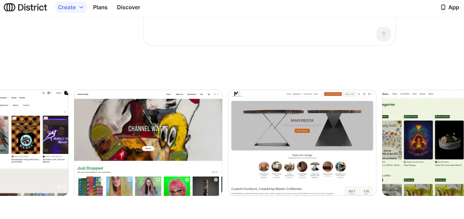 District platform's Discover page displaying a gallery of community marketplace websites and storefront templates.