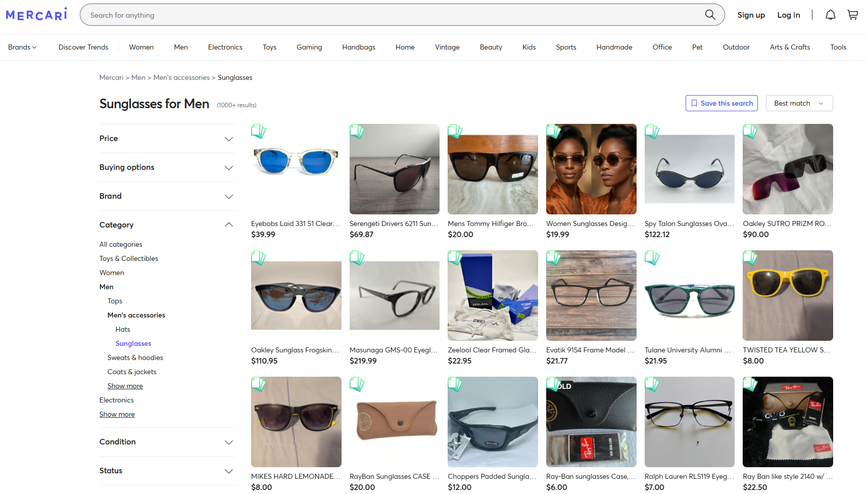 Mercari search results page showing men's sunglasses listings, with prices ranging from $6 to $219.99, including brands such as Oakley, Ray-Ban, and Tommy Hilfiger.