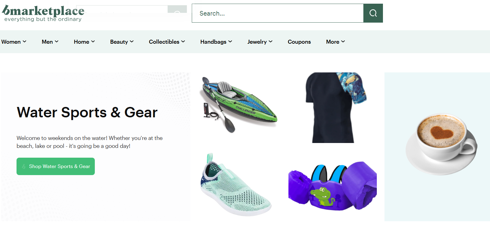 Bonanza homepage promoting water sports gear, featuring kayak, water shoes, swim shirt, floaties, coffee cup image, category navigation, search bar, and shopping button.