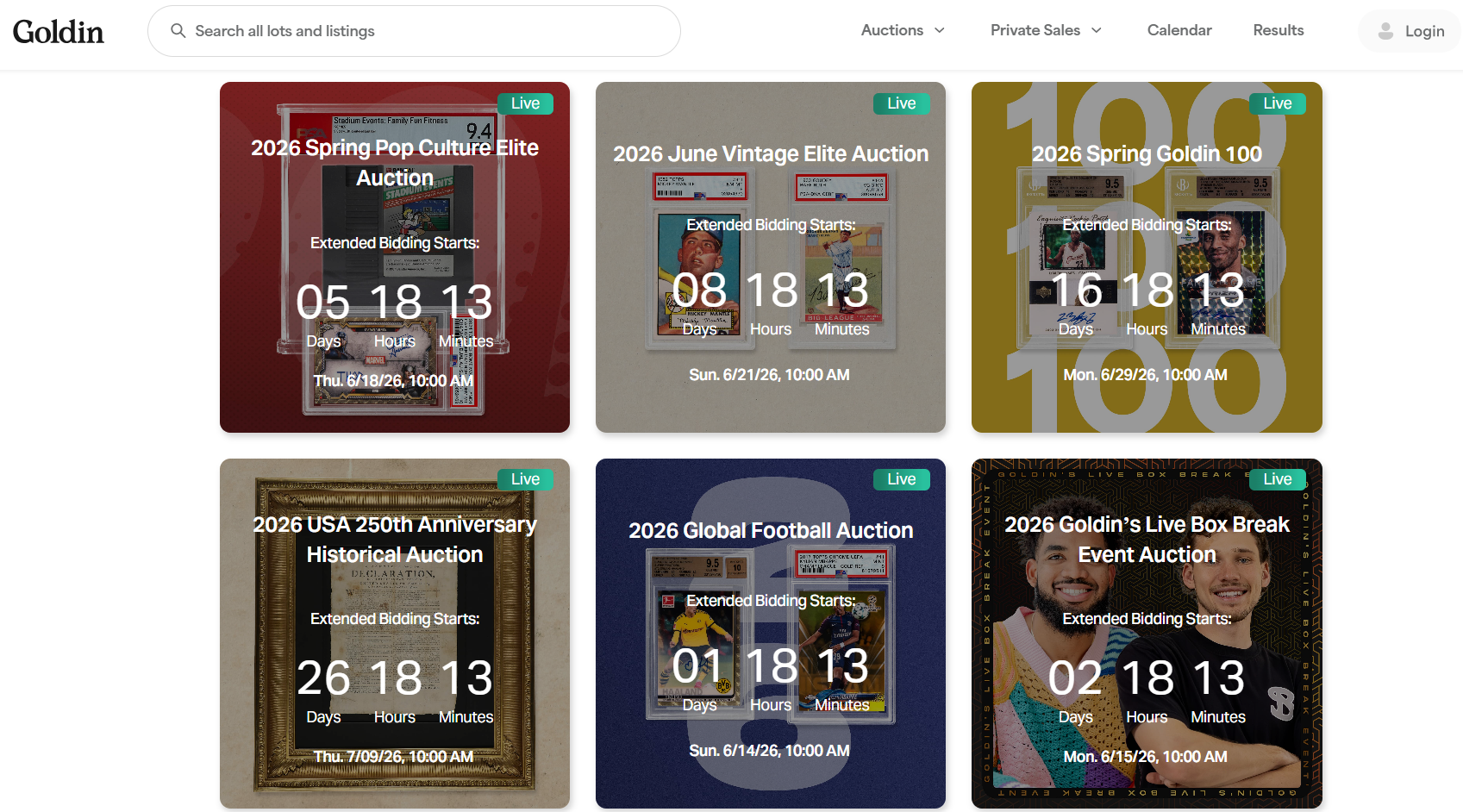 Goldin auction marketplace homepage displaying live sports card and memorabilia auctions, countdown timers, search bar, navigation menu, login button, and featured events.