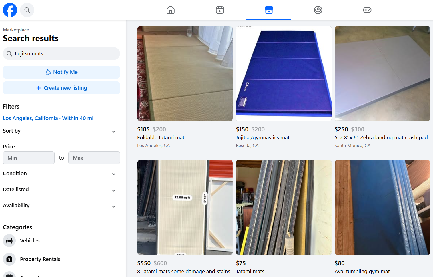 Facebook Marketplace search results for jiu-jitsu mats in the Los Angeles area, displaying multiple listings for tatami mats, gymnastics mats, crash pads, and tumbling mats with prices ranging from $75 to $550.