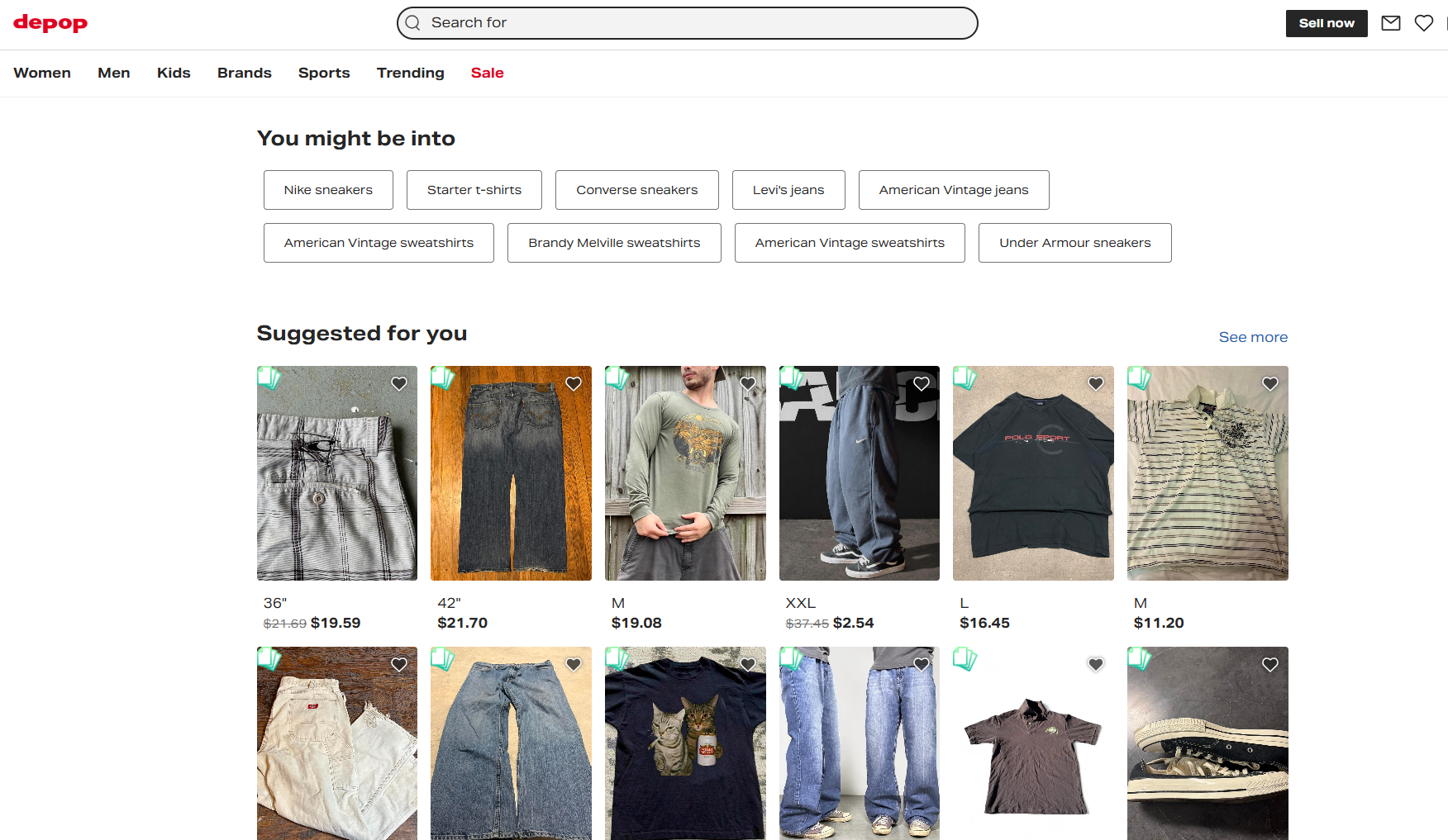 Depop marketplace homepage showing personalized product recommendations, trending fashion categories, vintage clothing listings, brand-focused shopping, search navigation, and secondhand apparel discovery.