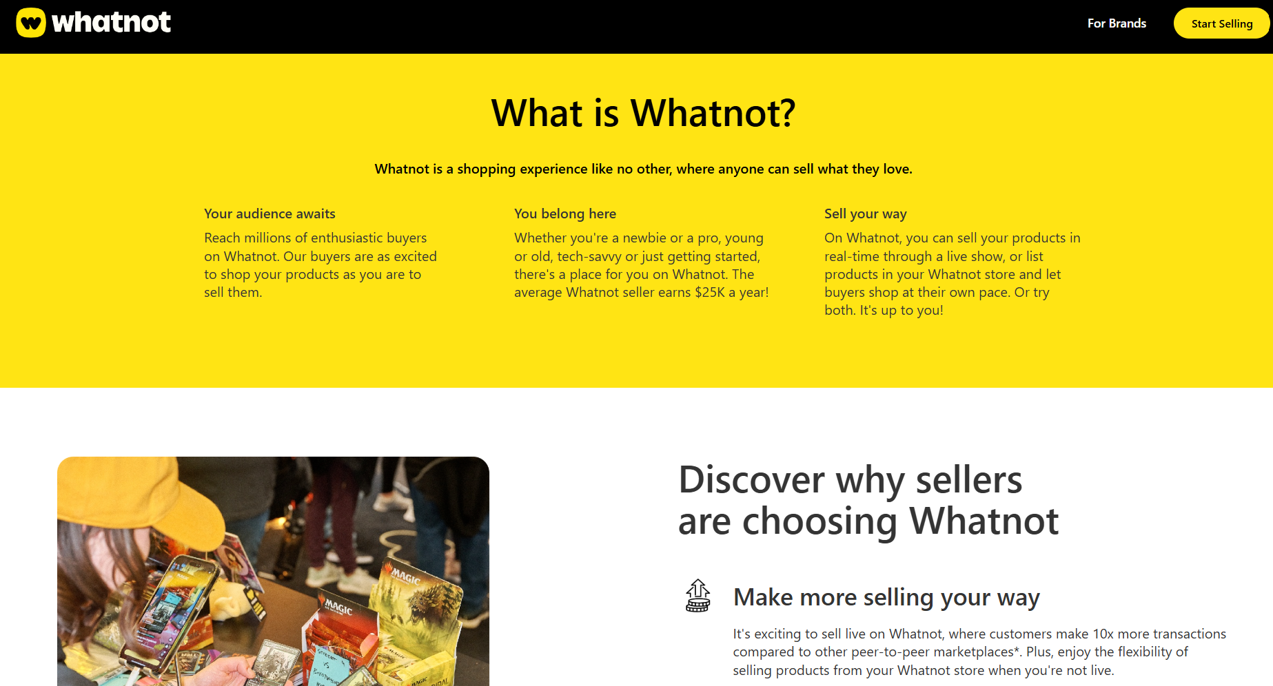 Whatnot seller landing page highlighting live commerce features, seller growth opportunities, audience reach, flexible selling options, collectibles marketplace activity, and community-driven shopping experiences.