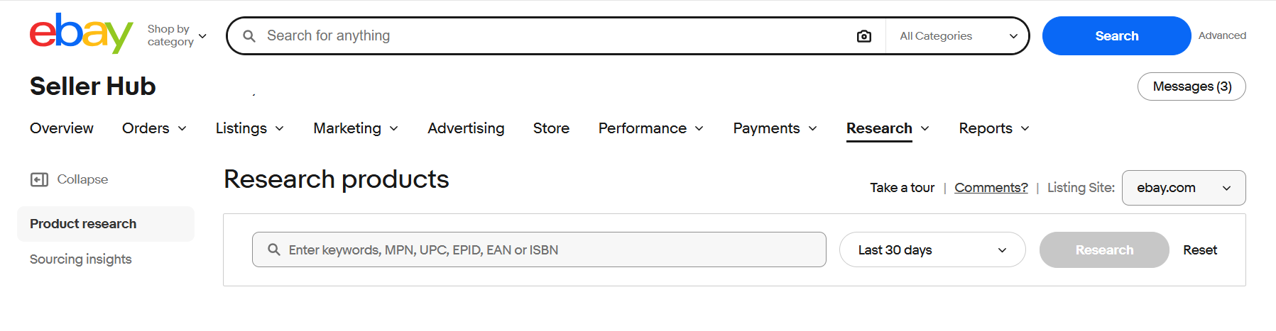 eBay Seller Hub dashboard displaying product research tools, keyword search filters, sourcing insights, performance navigation tabs, marketplace analytics, and seller management features.