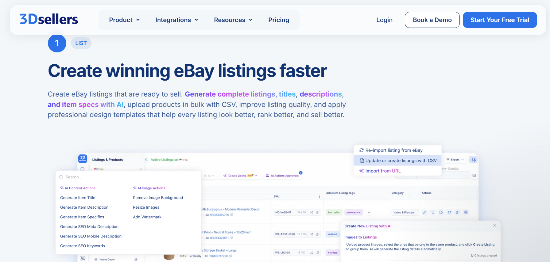 3Dsellers eBay listing software page highlighting AI-generated titles, descriptions, item specifics, bulk CSV uploads, listing templates, image tools, and catalog management features.