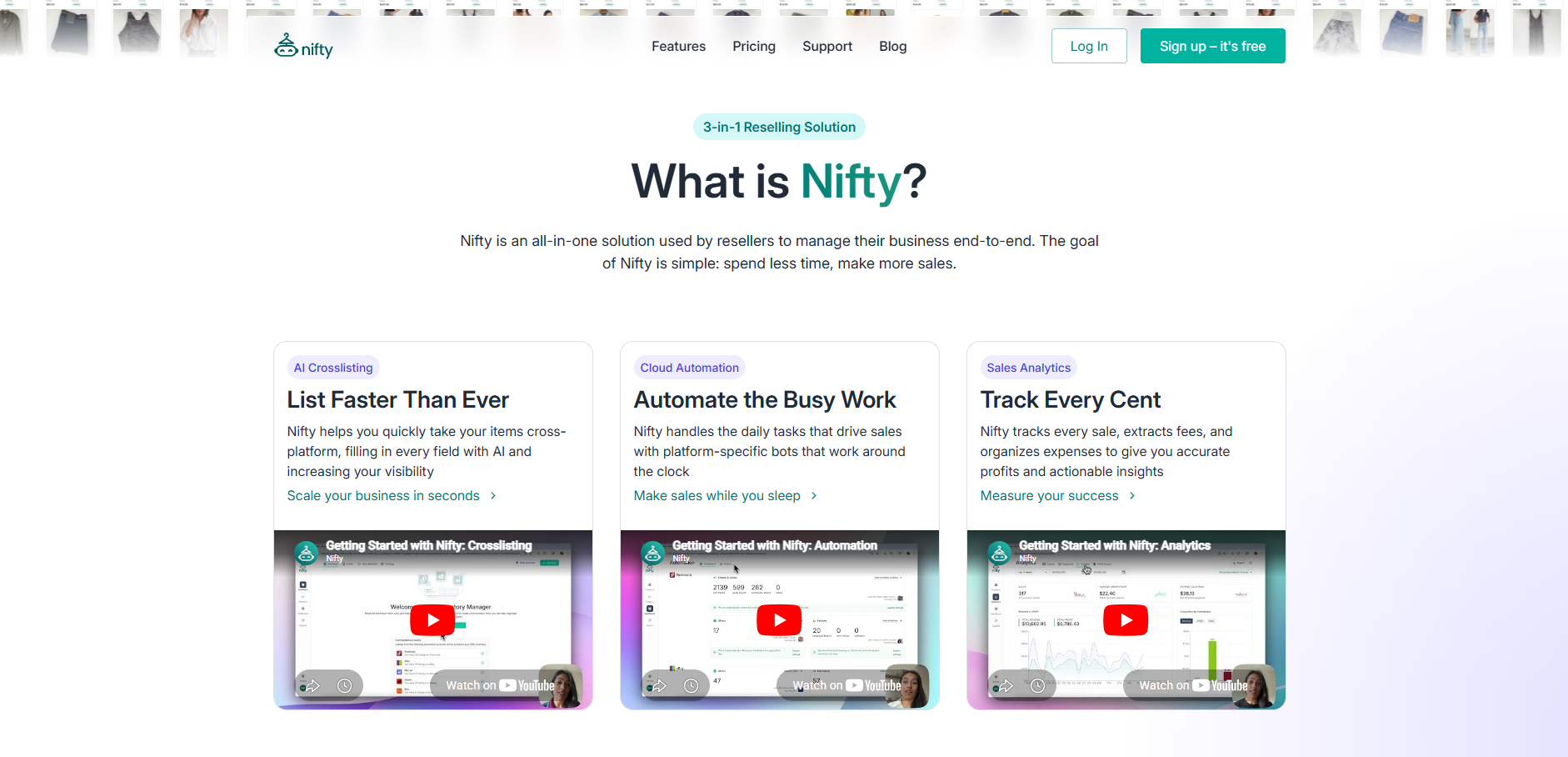 Nifty reseller platform homepage showing AI crosslisting, cloud automation, and sales analytics tools with feature cards, tutorial videos, navigation menu, signup buttons.
