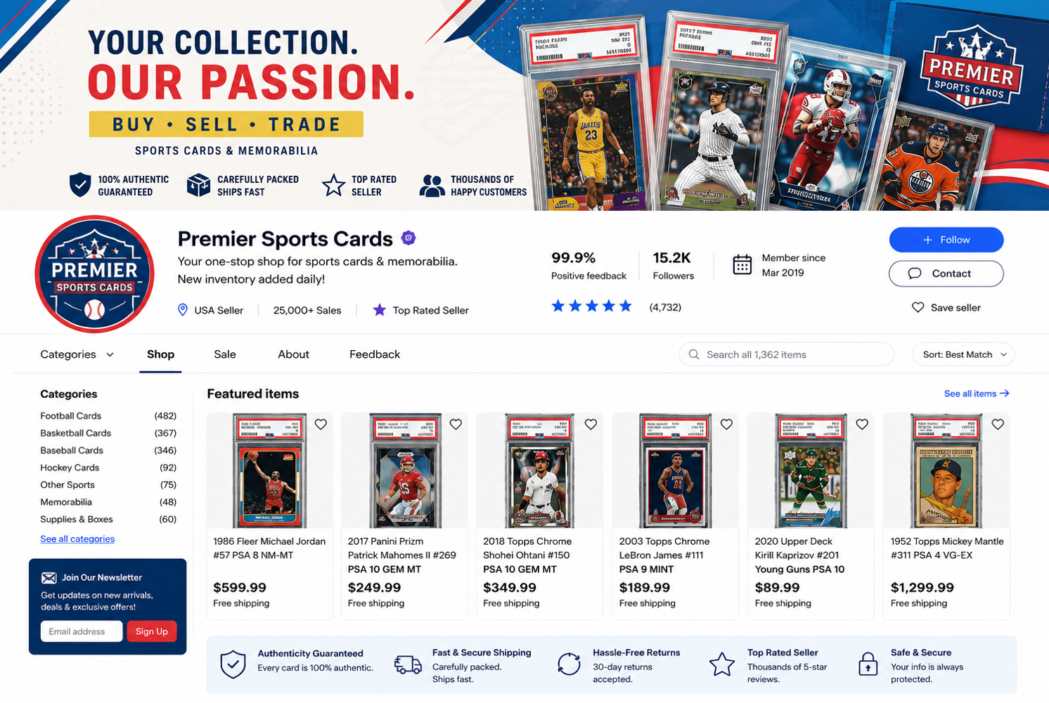 Sports card seller storefront featuring graded baseball, football, basketball, and hockey cards, organized categories, trusted seller ratings, collectible memorabilia, fast shipping, and authenticated inventory.