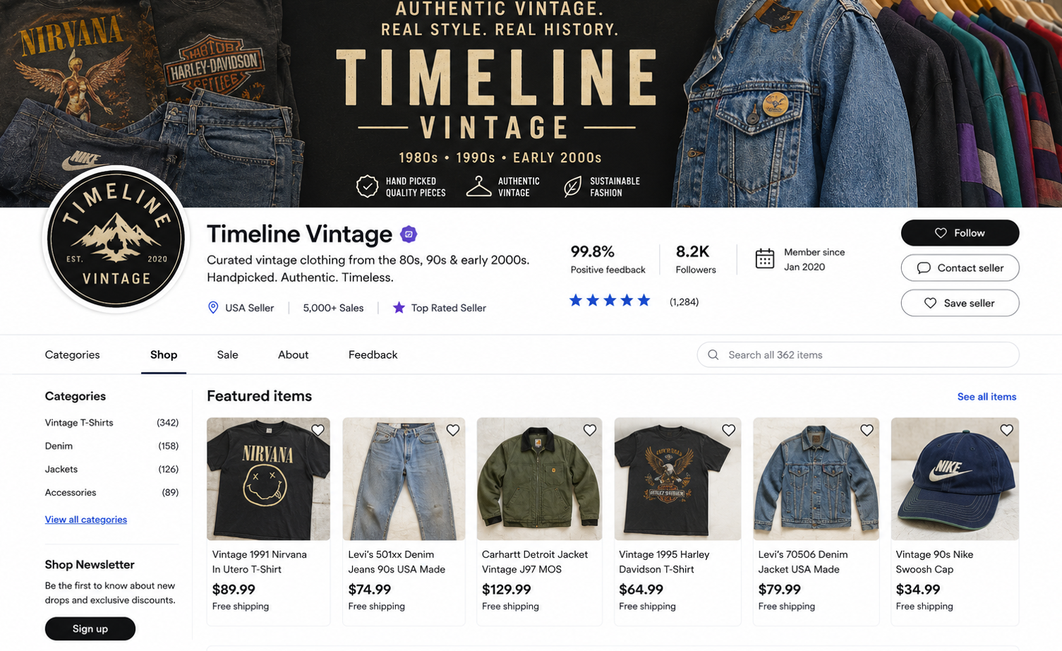 Timeline Vintage storefront specializing in authentic vintage clothing from the 1980s, 1990s, and early 2000s, including graphic tees, denim, jackets, workwear, and accessories.