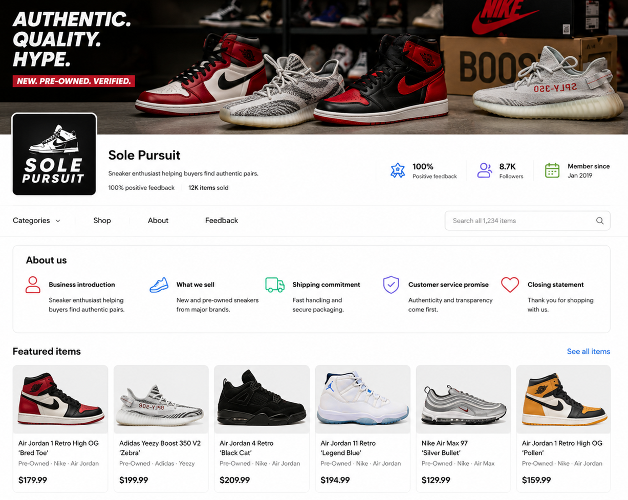 Sneaker reseller storefront profile featuring a vibrant sneaker-themed banner, seller logo, navigation tabs, authenticity messaging, positive feedback badges, follower count, product listings, and trusted marketplace design.