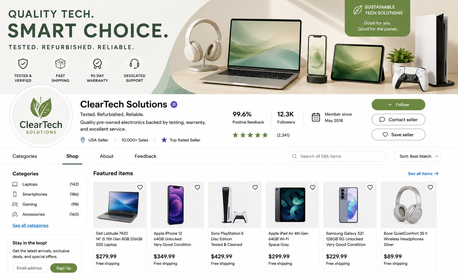 Refurbished electronics storefront featuring laptops, smartphones, tablets, gaming consoles, and accessories. Seller highlights tested devices, fast shipping, warranty coverage, quality assurance, and support.