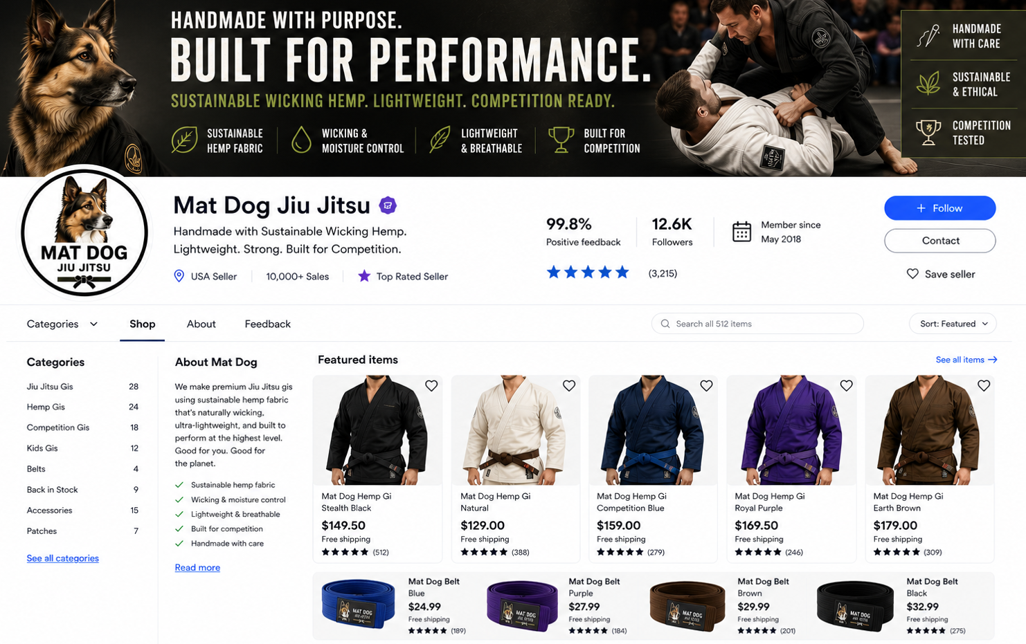 eBay jiujitsu gi seller profile, a sustainable product with different color gis and belts for sale.