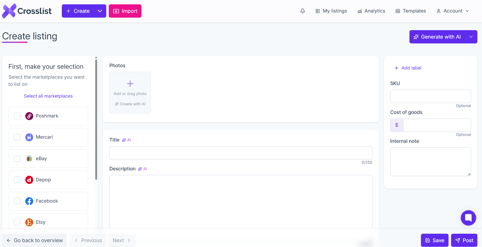 Crosslist listing creation dashboard showing marketplace selection, photo uploads, AI-assisted title and description fields, and inventory tracking inputs for resellers.