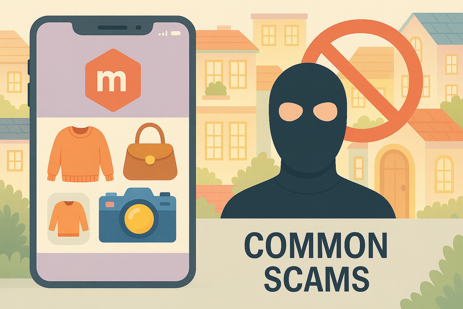 Mercari app displayed on a smartphone with clothing, handbag, and camera listings beside a masked scammer and warning symbol, illustrating common Mercari scams and fraud prevention.