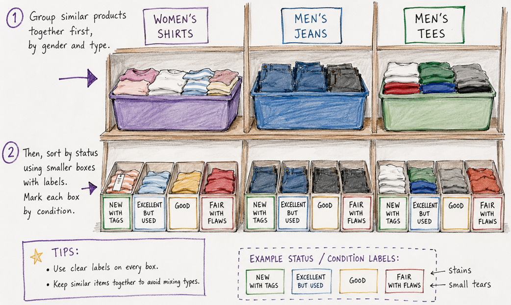 Hand-drawn illustration showing inventory organized by clothing type first, then condition using labeled storage bins for women's shirts, men's jeans, and men's tees.