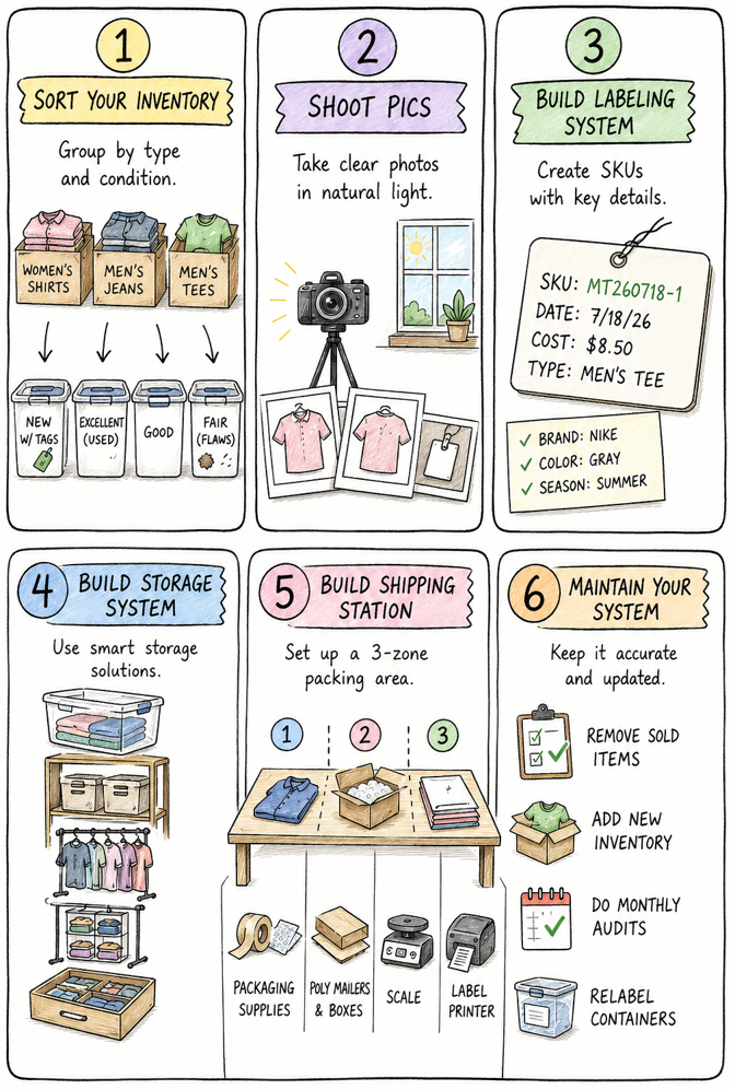 Hand-drawn infographic showing six Poshmark inventory organization steps with simple illustrations: sort inventory, photograph items, create labels, organize storage, build shipping station, maintain inventory regularly.