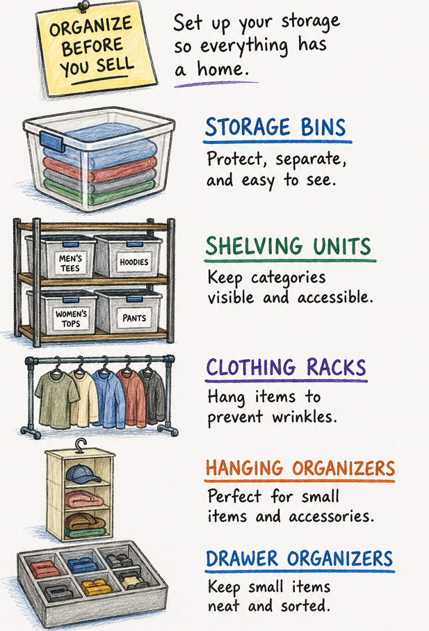 Hand-drawn infographic illustrating clothing inventory storage methods, including clear bins, shelving units, clothing racks, hanging organizers, and drawer dividers for organized reseller inventory.