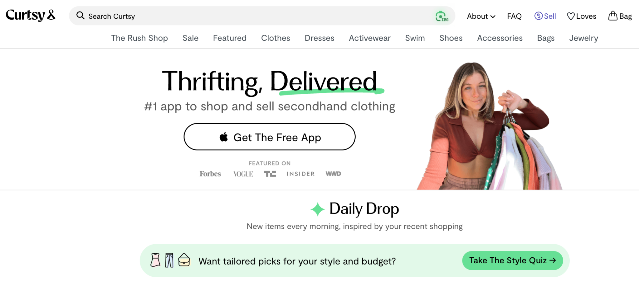 Curtsy homepage with tagline 'Thrifting, Delivered.' A woman holding secondhand clothes on hangers and a 'Get The Free App' button.
